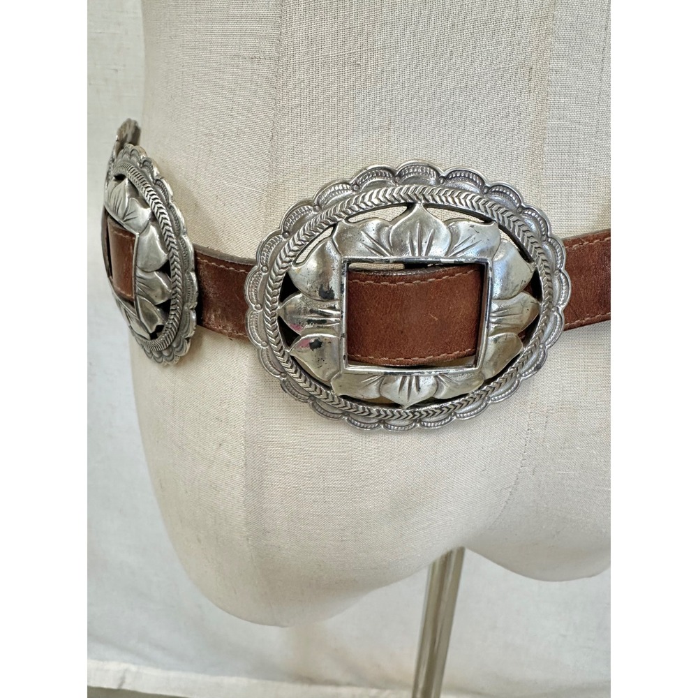 Vintage '93 Brown Leather Sunflower Silver Concho Belt Womens Large Southwestern - Picture 11 of 16